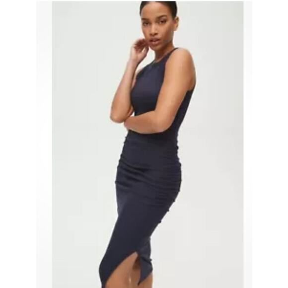 Michael Stars Wren Ruched Side Ribbed Midi Dress Large Dark Gray - Picture 3 of 8